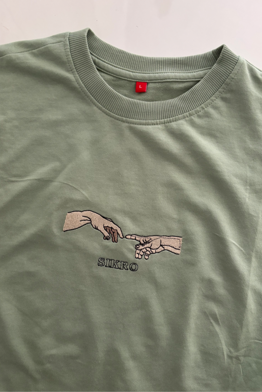 Hand Design Sage Green Embroidered Oversized T-shirt